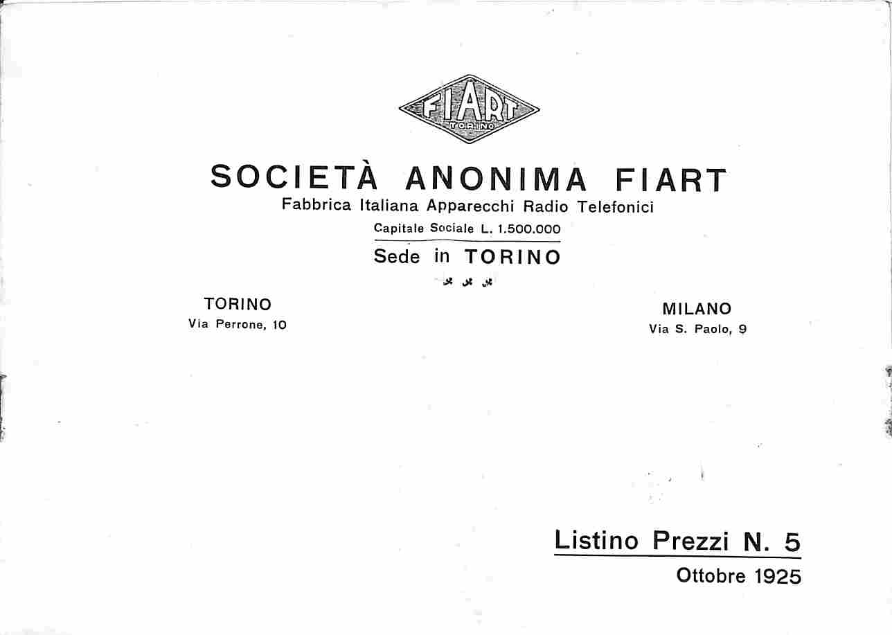 Società anonima Fiart. Listino prezzi n. 5, ottobre 1925